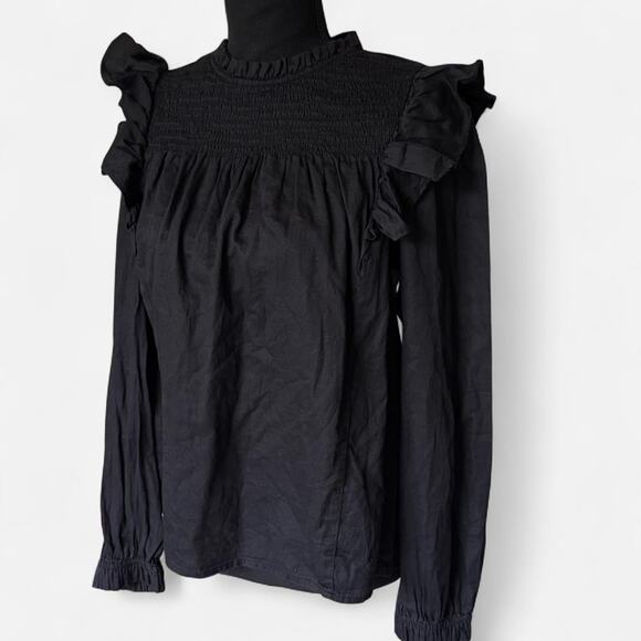 gap womens ruffle neck smocked pleated top sz S black boxy victorian romantic - Picture 5 of 8